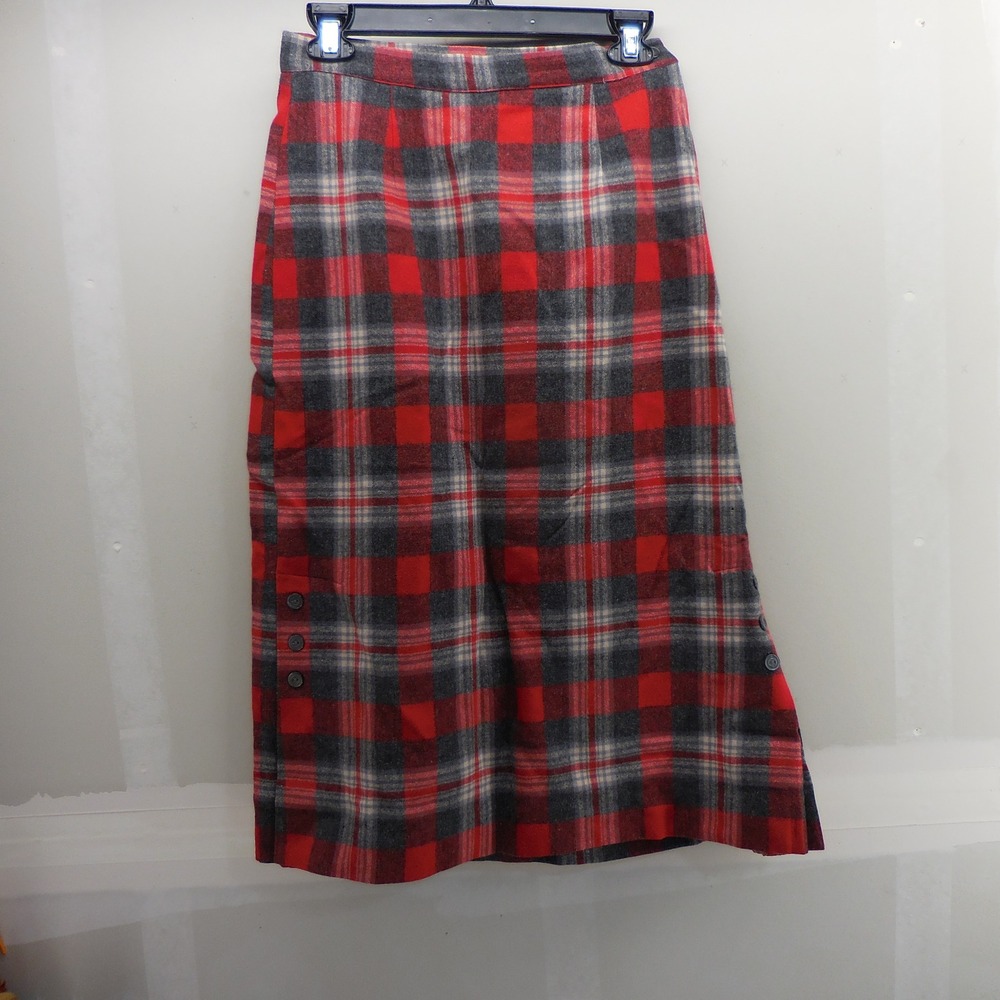 VTG Pom Pom Fashions Red Grey Plaid Midi Skirt High Waist Button Detail 26x28
